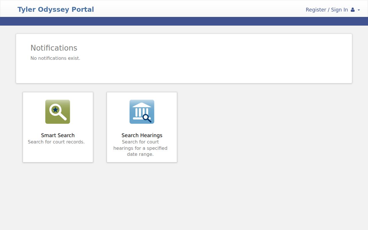 Calhoun County Odyssey Portal landing screen for court record and hearing searches