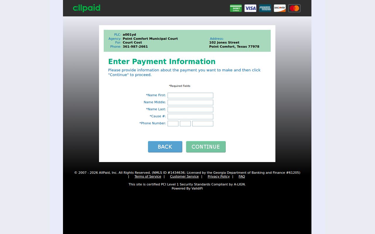 Point Comfort court docket payment page